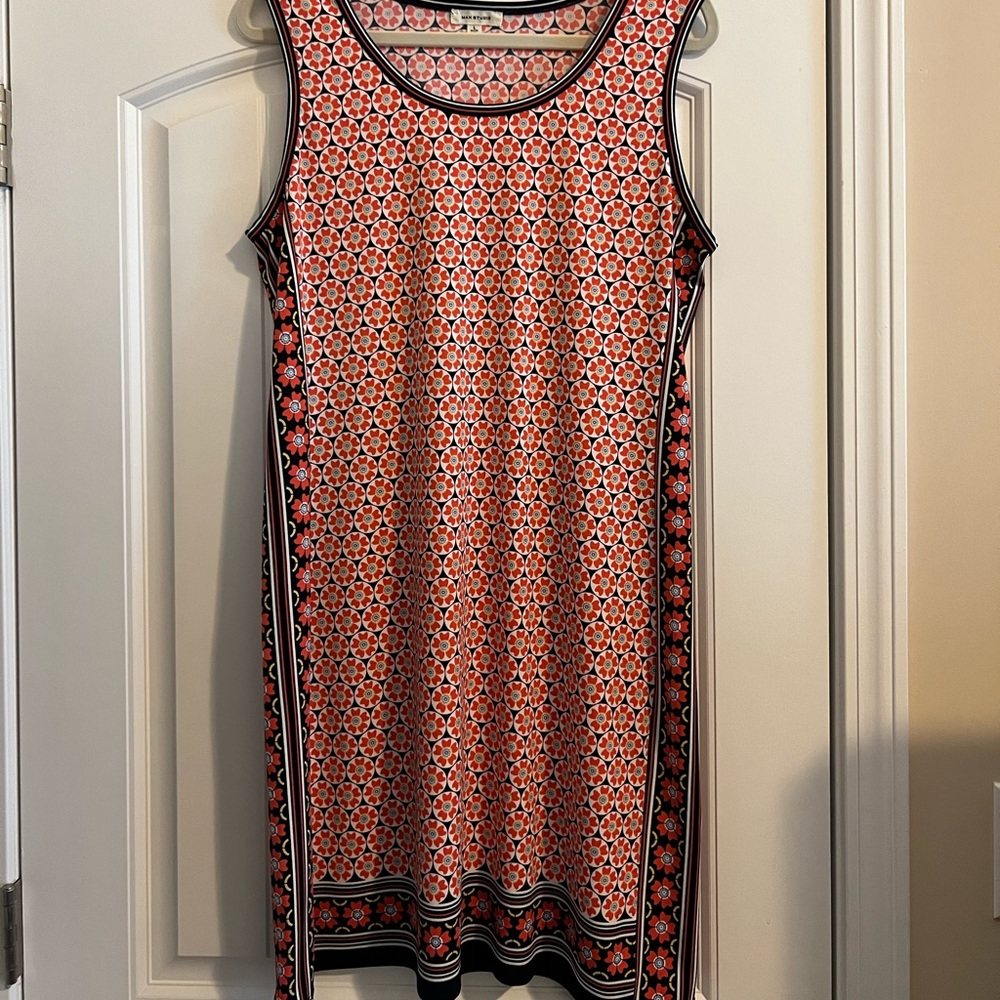 Sleeveless Max Studio shift, navy blue and orange print